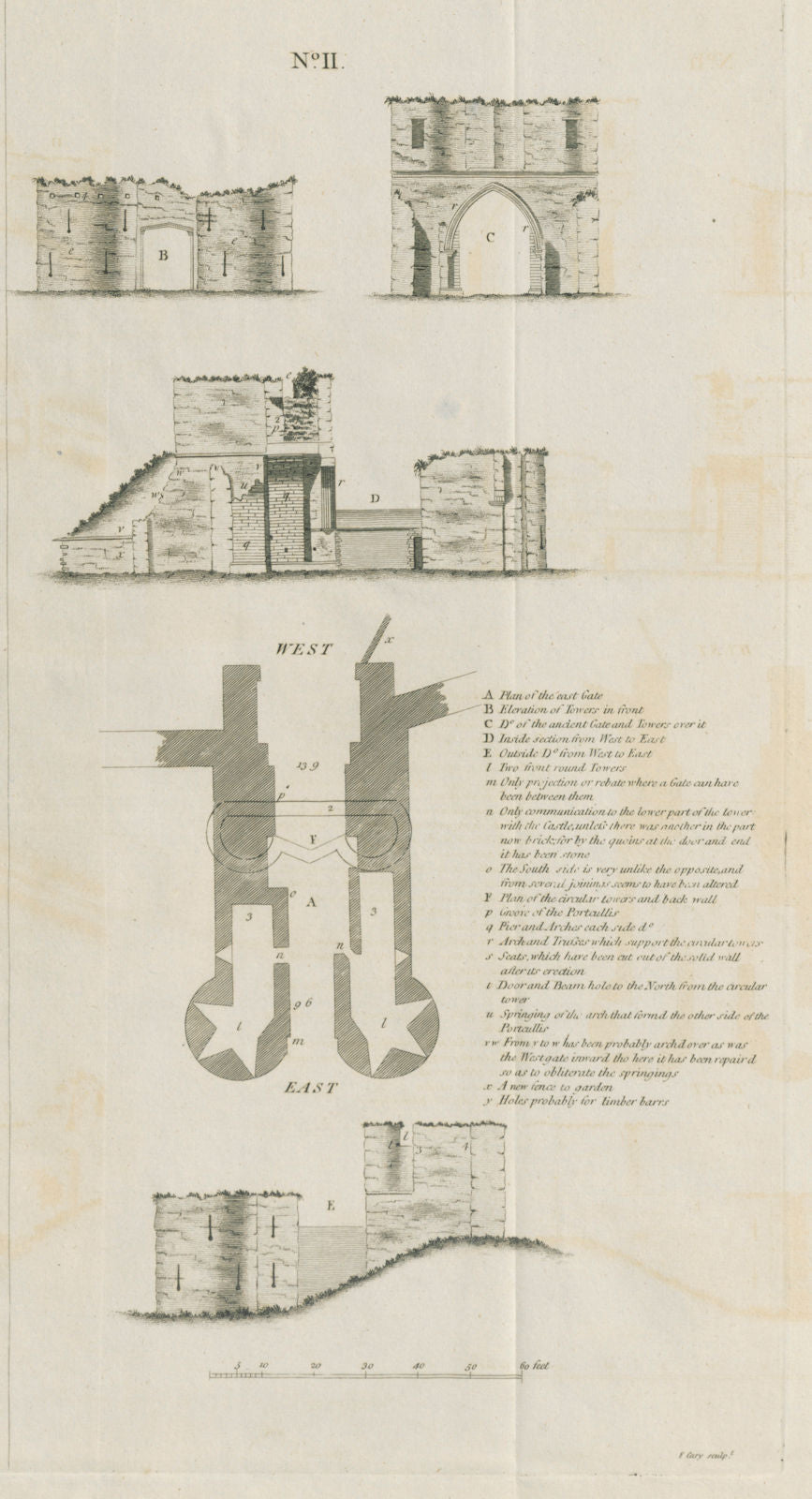 Lincoln castle No 2. Plan & elevation by Francis CARY 1789 old antique print